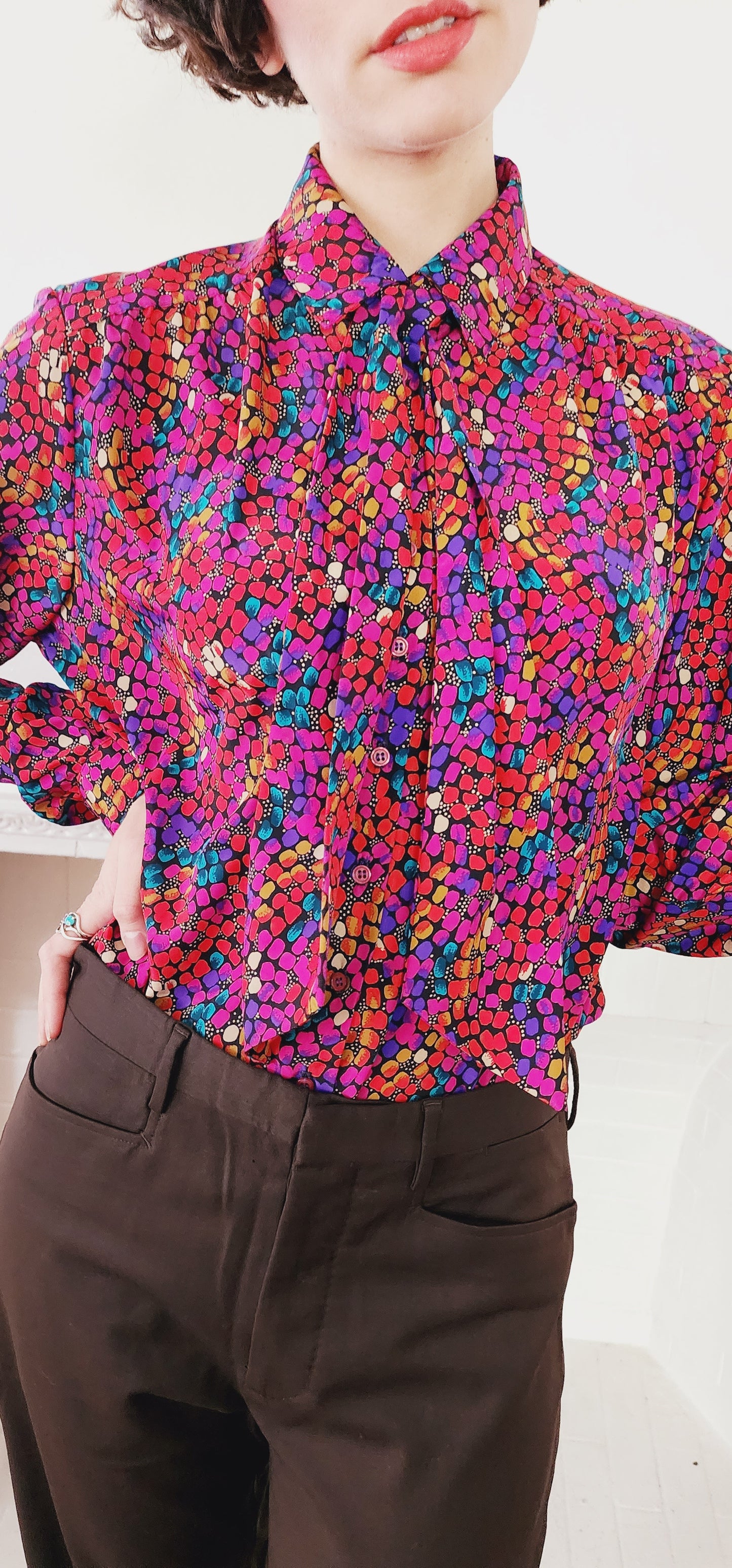 80s Colorful Button Down Shirt Multicolored Fuschia Pebble Print Long Sleeves Neck Scarf by Harlan