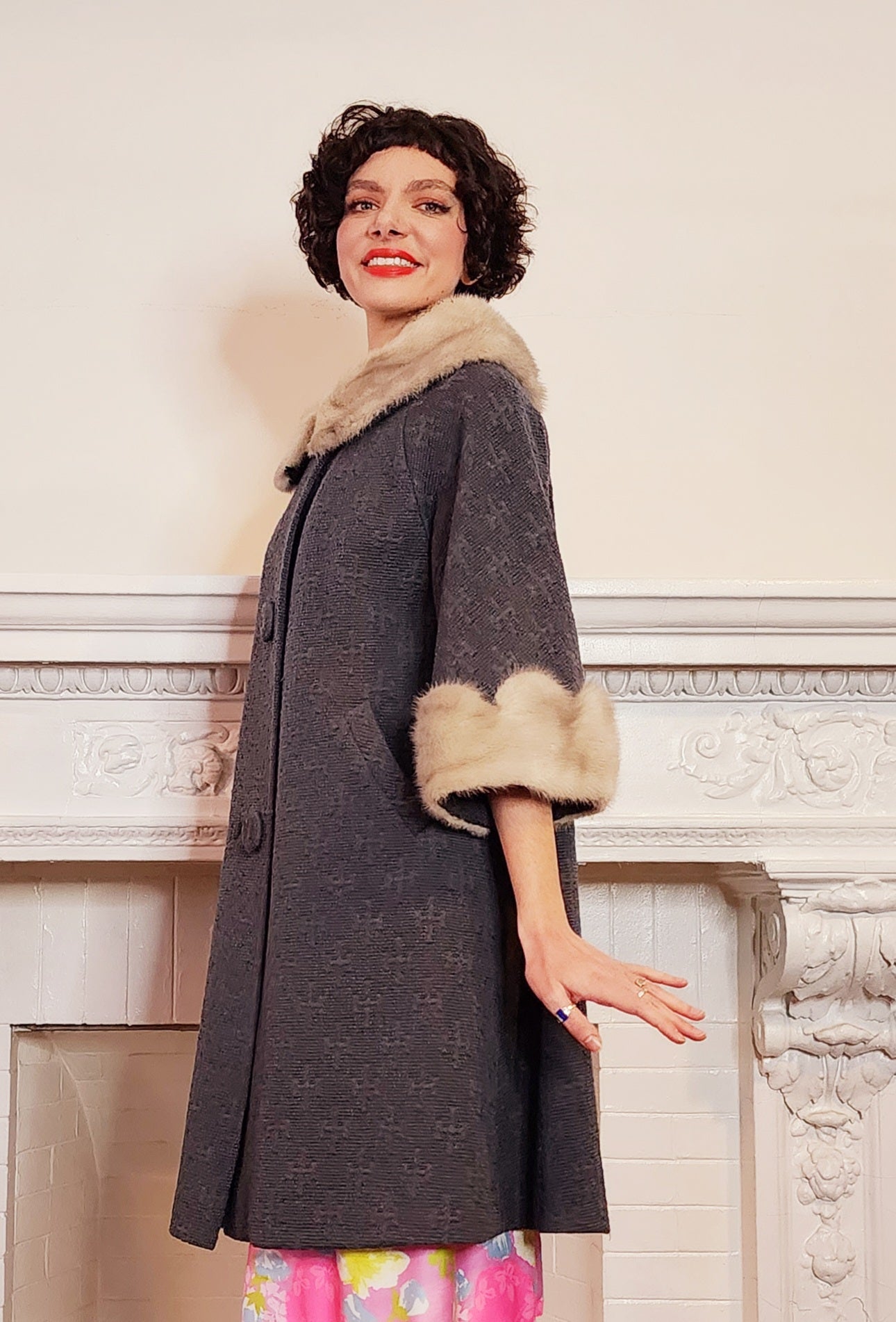 60s Gray A Line Coat with Cream Mink Collar and Cuffs Med