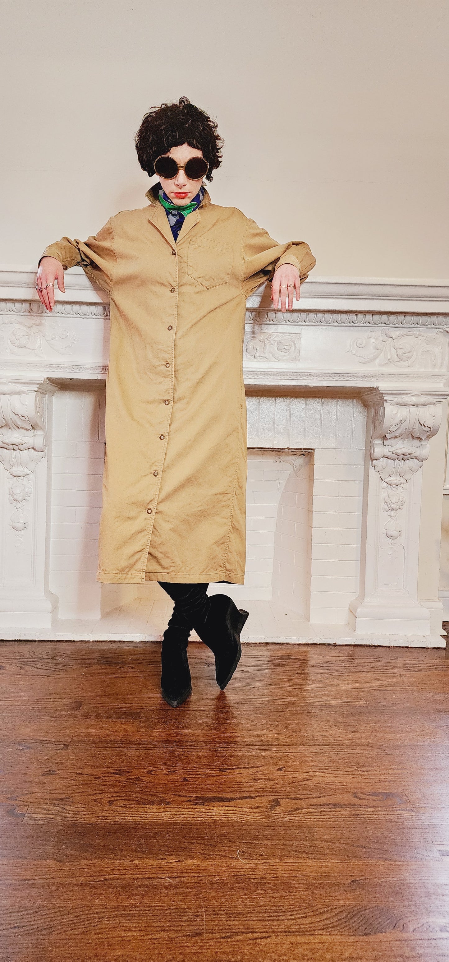 80s Calvin Klein Shirtdress Long Sleeved, Beige Cotton Canvas Safari Khaki Med