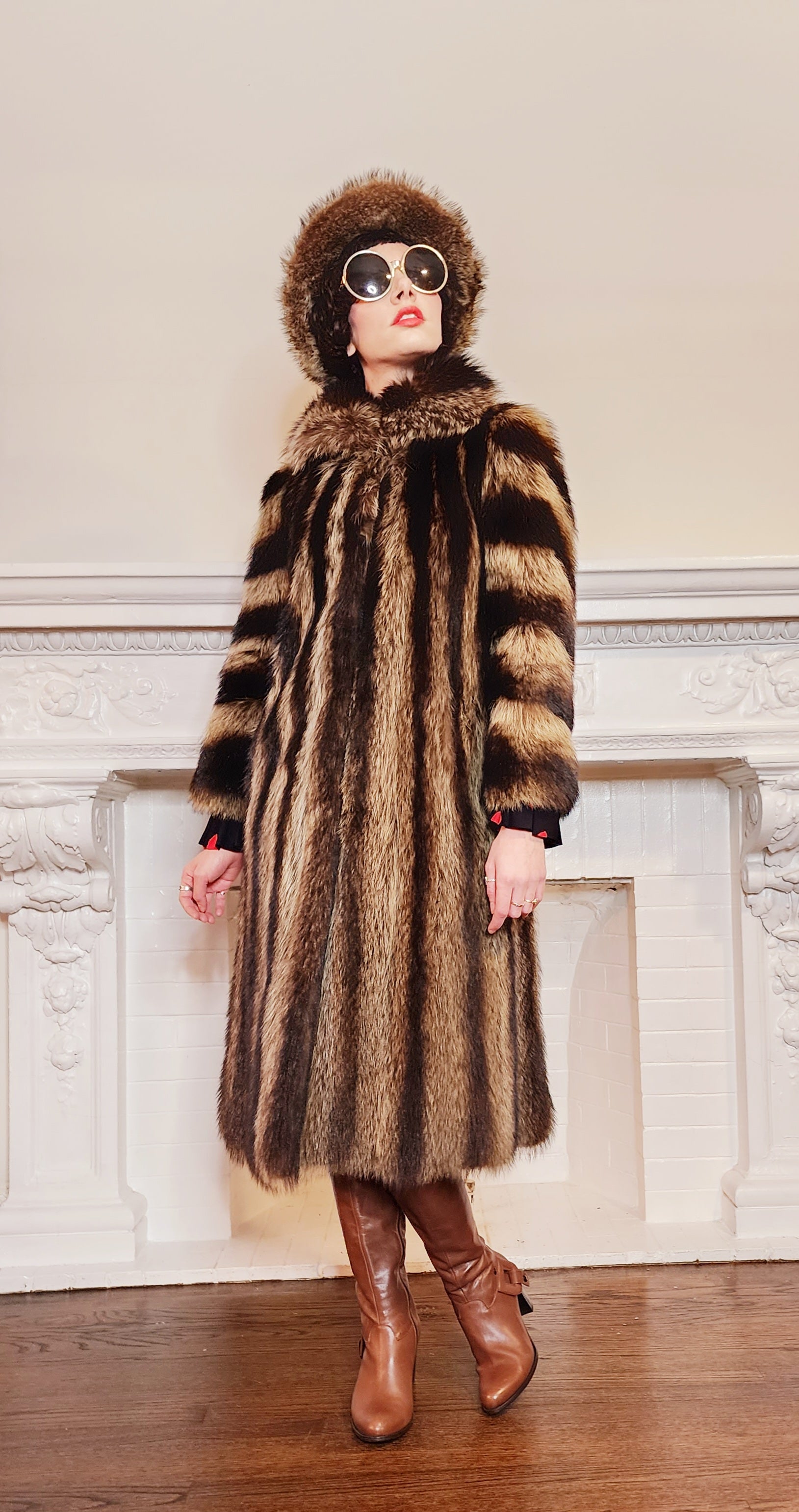 80s 70s Long Raccoon Fur Coat with Large Collar by Tibor Furs