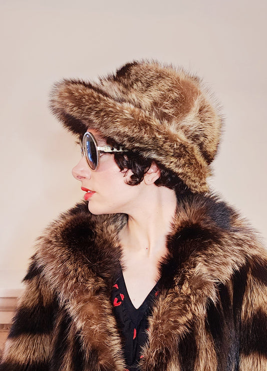 1970s Raccoon Fur Hat w/Brim Winter Boho Style