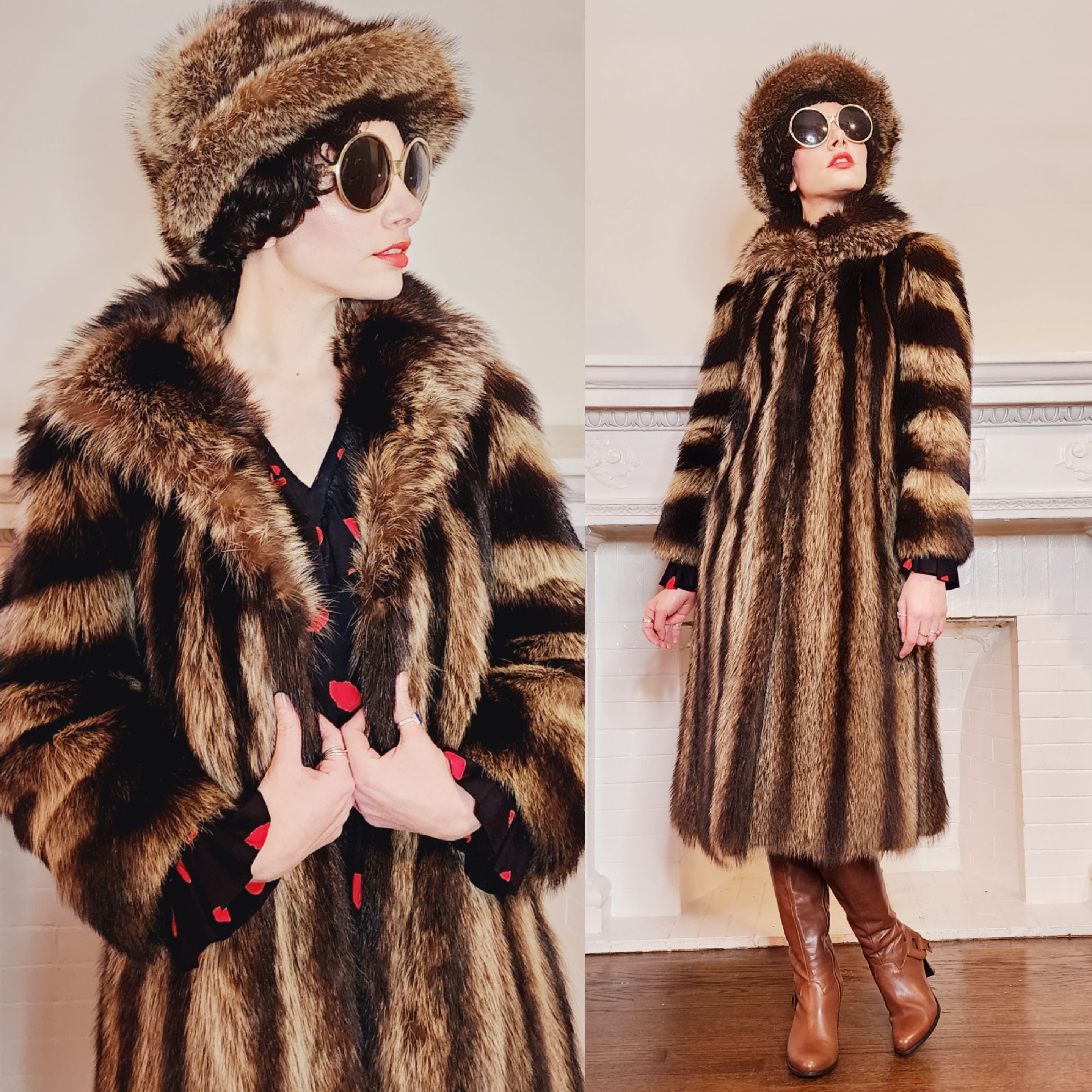 80s 70s Long Raccoon Fur Coat with Large Collar by Tibor Furs