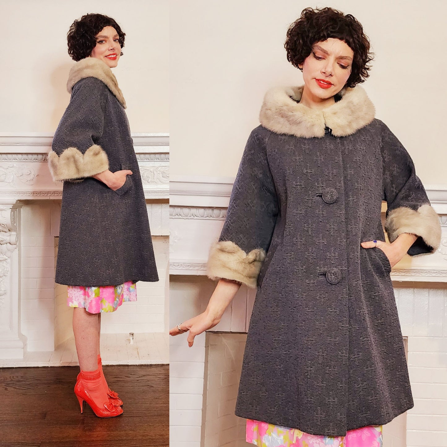 60s Gray A Line Coat with Cream Mink Collar and Cuffs Med