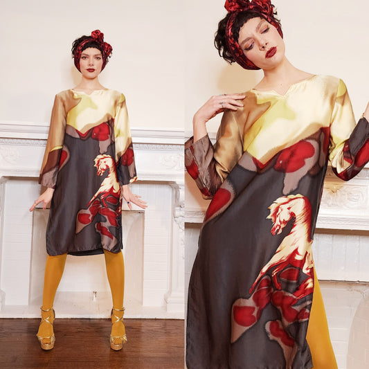 90s Silk Print Tunic Dress with Horse Print by Neiman Marcus