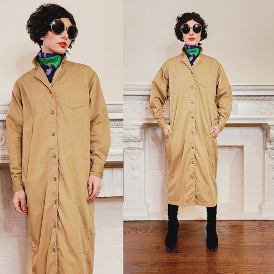 80s Calvin Klein Shirtdress Long Sleeved, Beige Cotton Canvas Safari Khaki Med