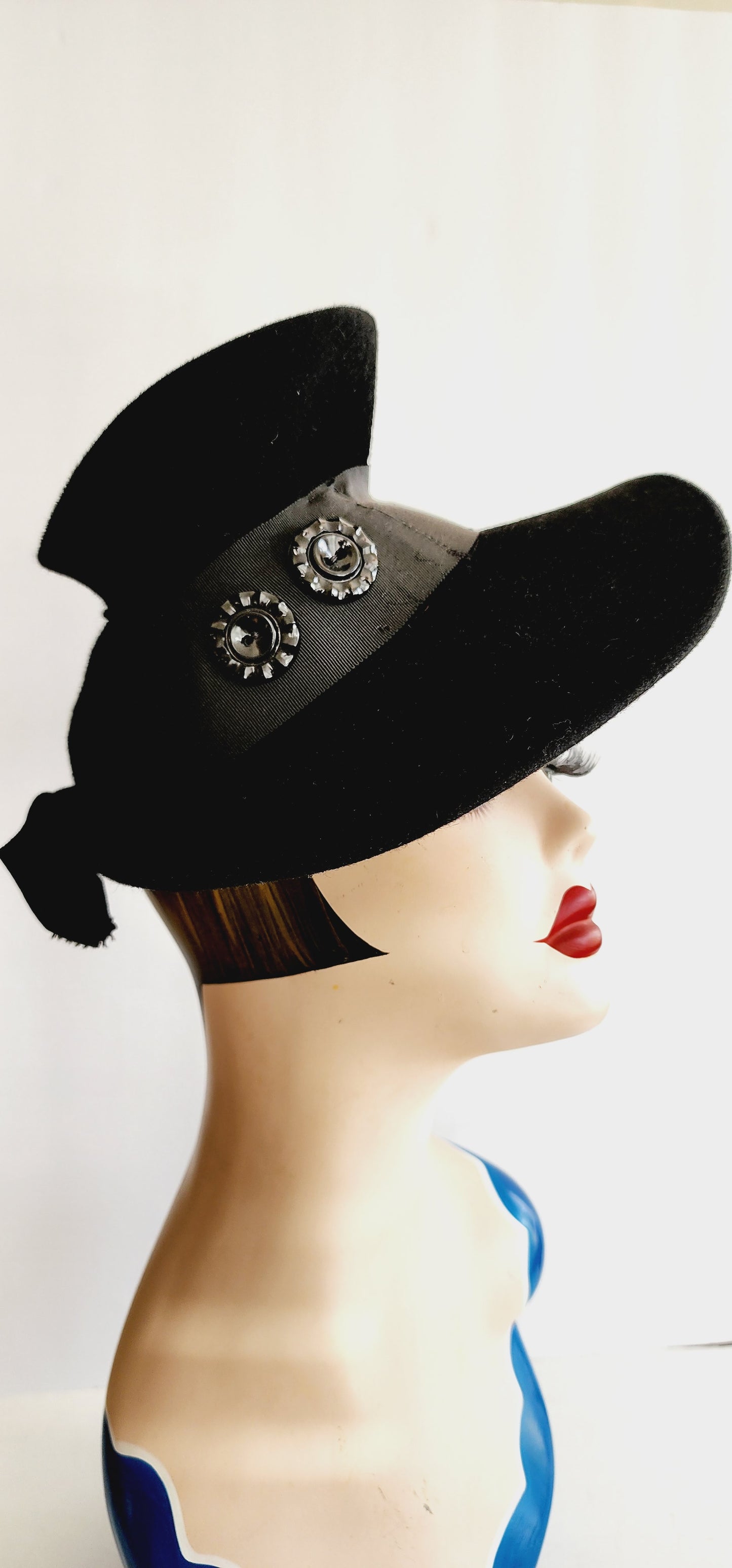 1930s Black Wool Hat Wide Brimmed w/Decorative Buttons
