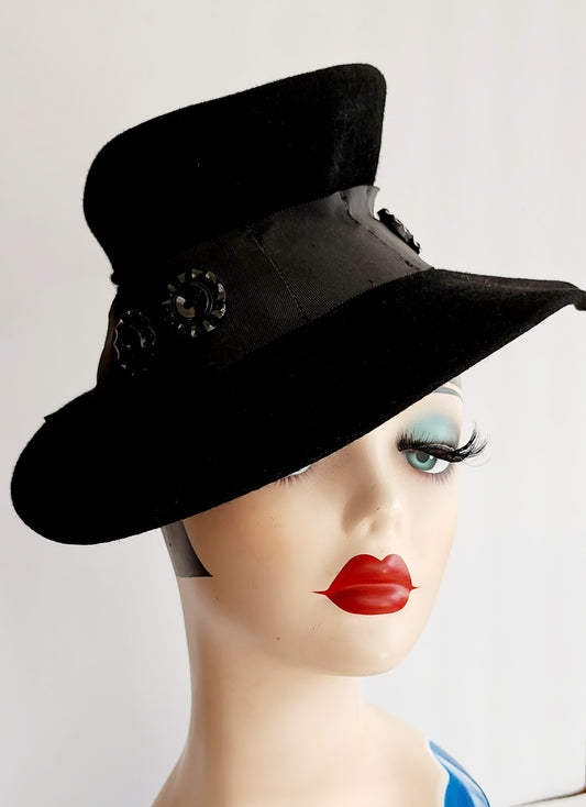 1930s Black Wool Hat Wide Brimmed w/Decorative Buttons