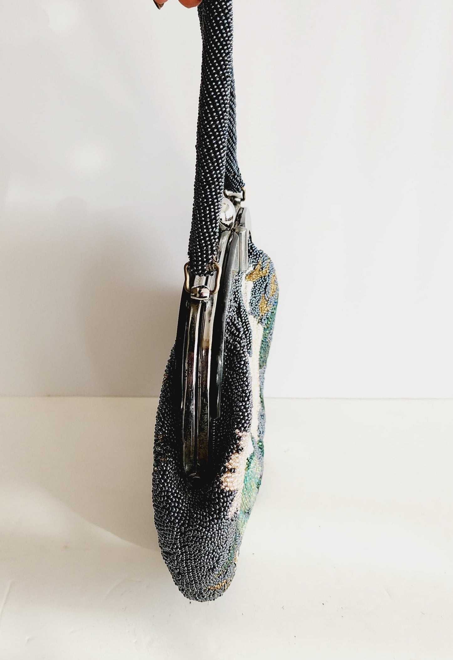 50s Beaded Handbag w/Top Handle, Gray Metallic Hematite Floral Design