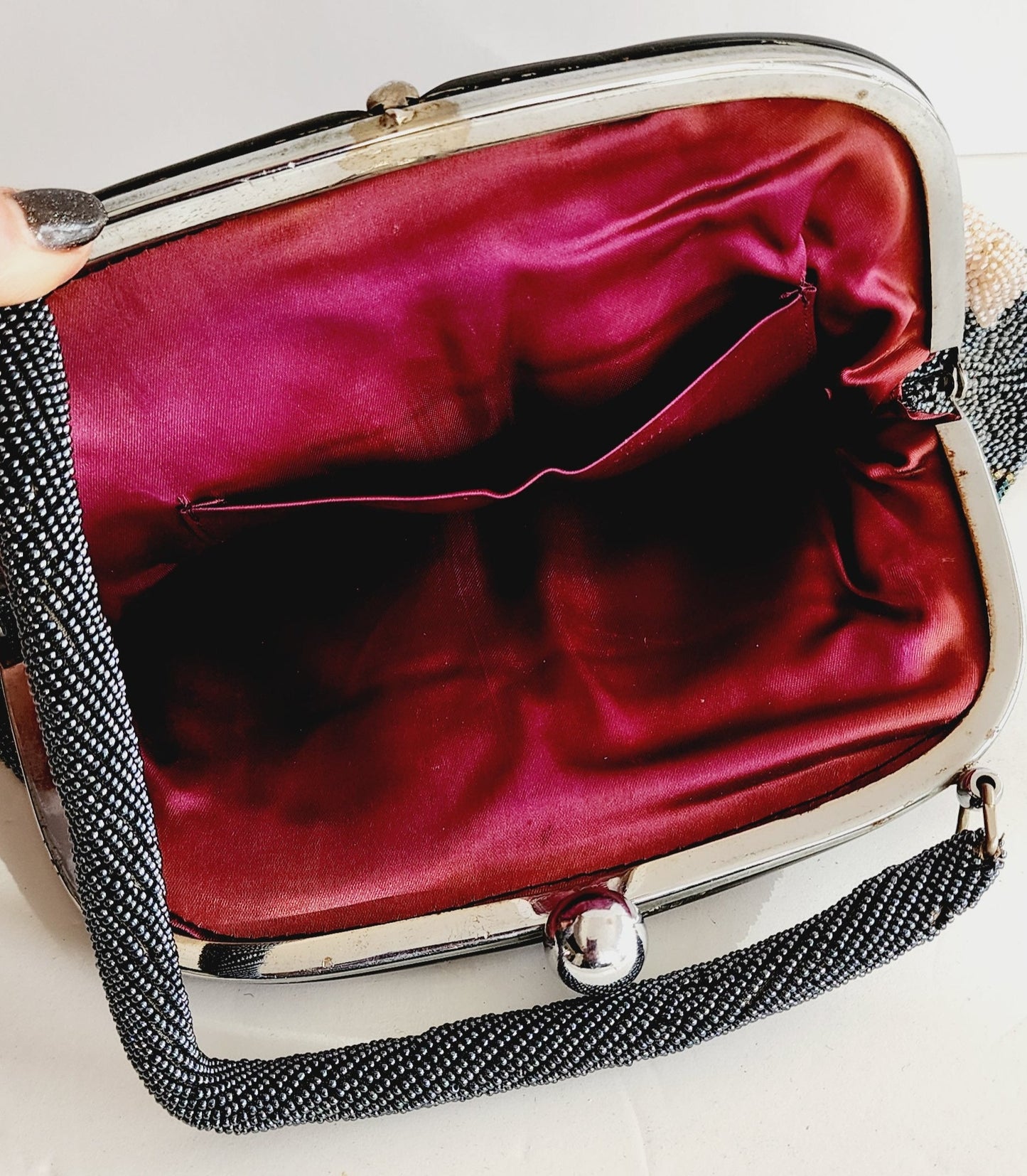 50s Beaded Handbag w/Top Handle, Gray Metallic Hematite Floral Design