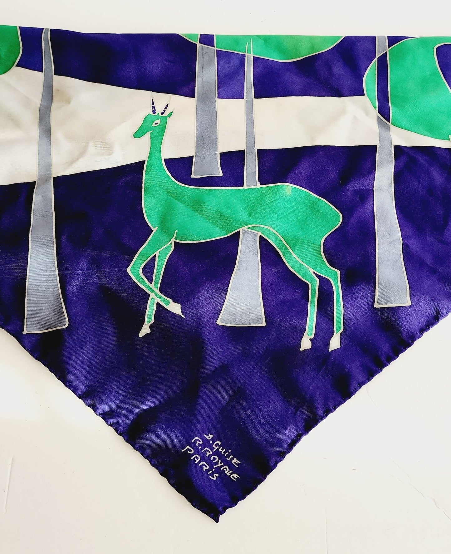 70s Scarf Modernist Print Gazelle in the Woods Green Navy Blue White J Guise Royale Paris
