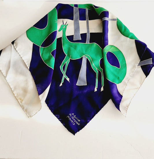 70s Scarf Modernist Print Gazelle in the Woods Green Navy Blue White J Guise Royale Paris