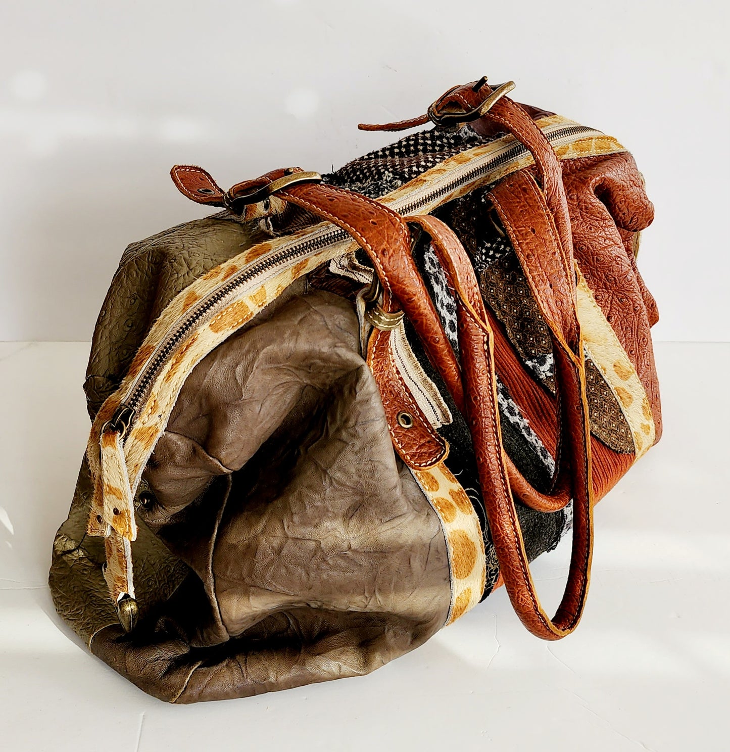 Handmade Patchwork Duffle Bag in Leather & Fabric by Frankie Slaughter