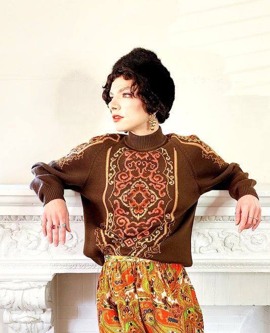 70s Wool Brown Sweater with Baroque Floral Print Cift Geyik Turkey