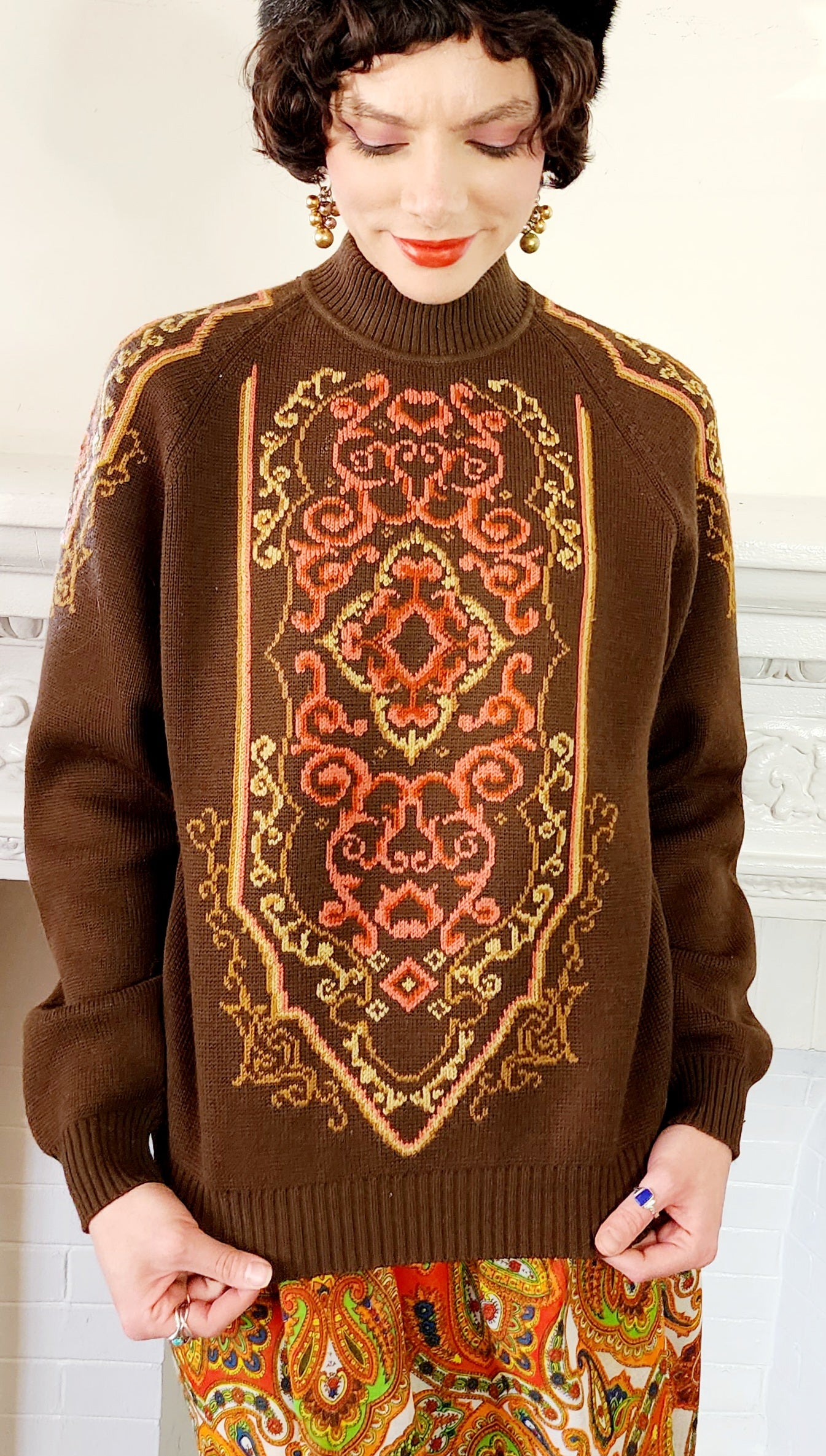 70s Wool Brown Sweater with Baroque Floral Print Cift Geyik Turkey