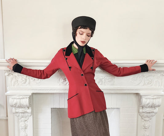 90s Karl Lagerfeld Blazer in Burgundy Red Wool & BLack Velvet 36/Small