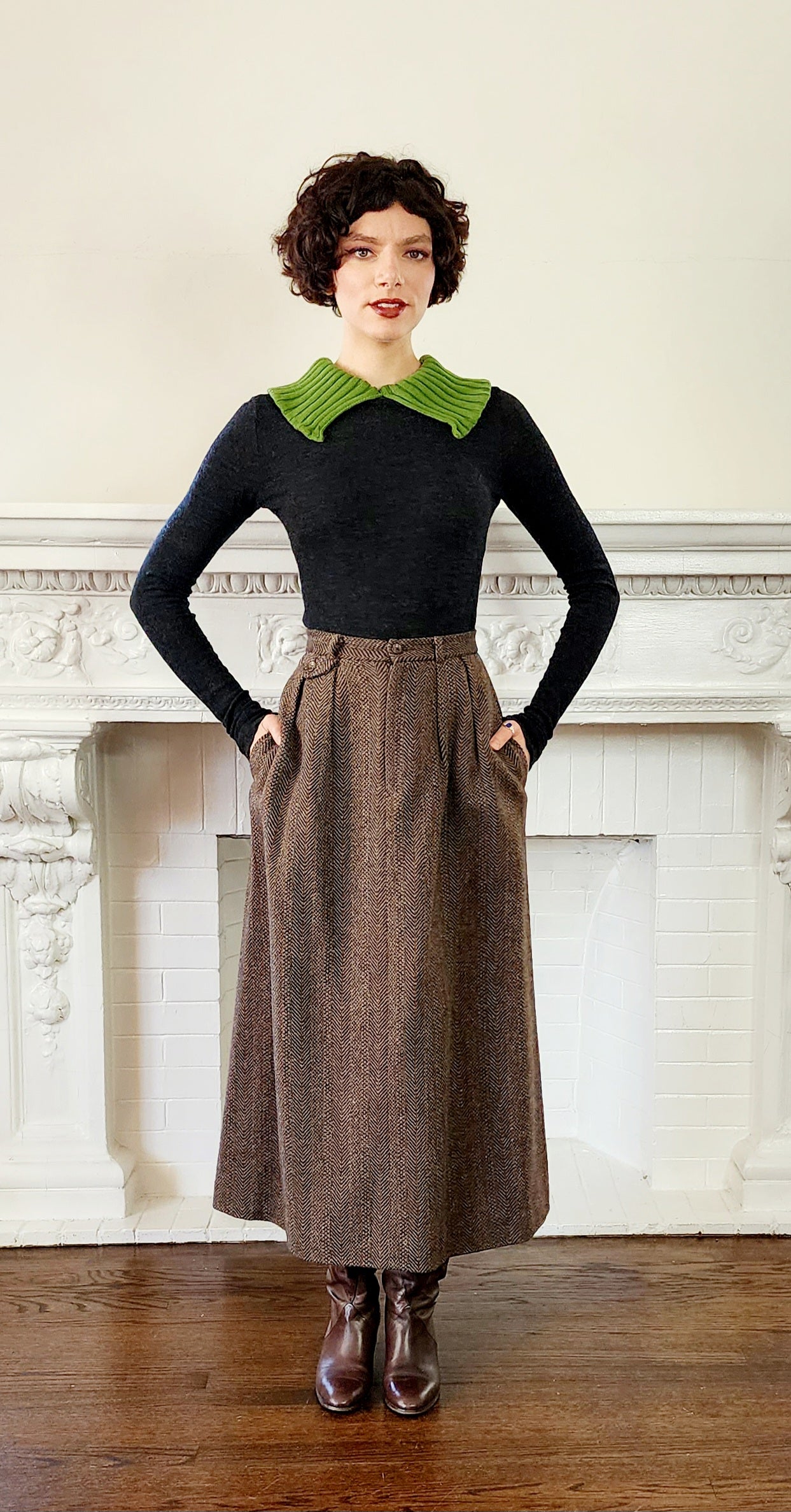 70s Ralph Lauren Wool Tweed Long Skirt in Brown Small RareJule Vintage