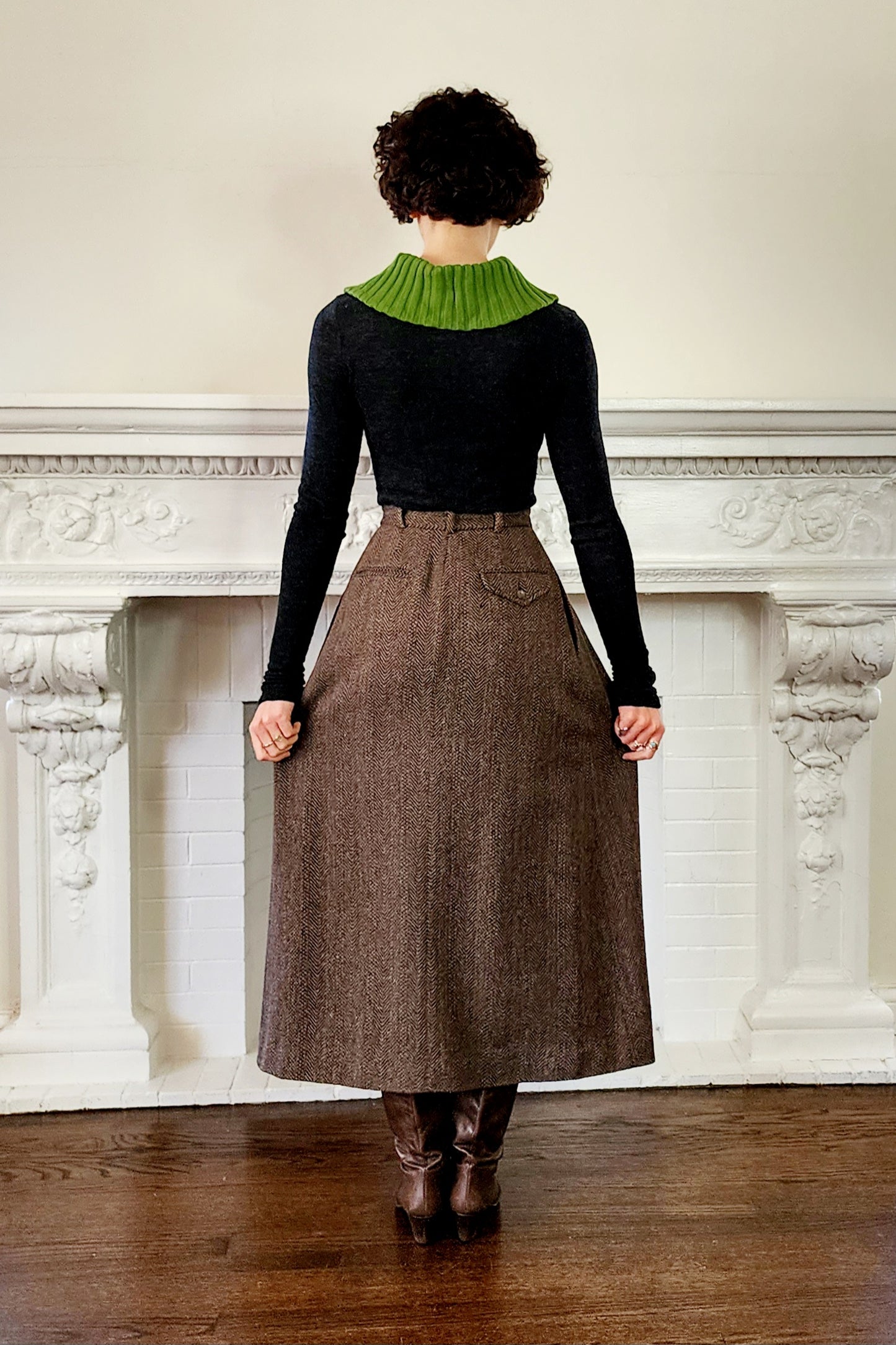 70s Ralph Lauren Wool Tweed Long Skirt in Brown, Small