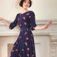 80s Does 40s Rayon Print Dress in Navy Blue and Coral Orange / S