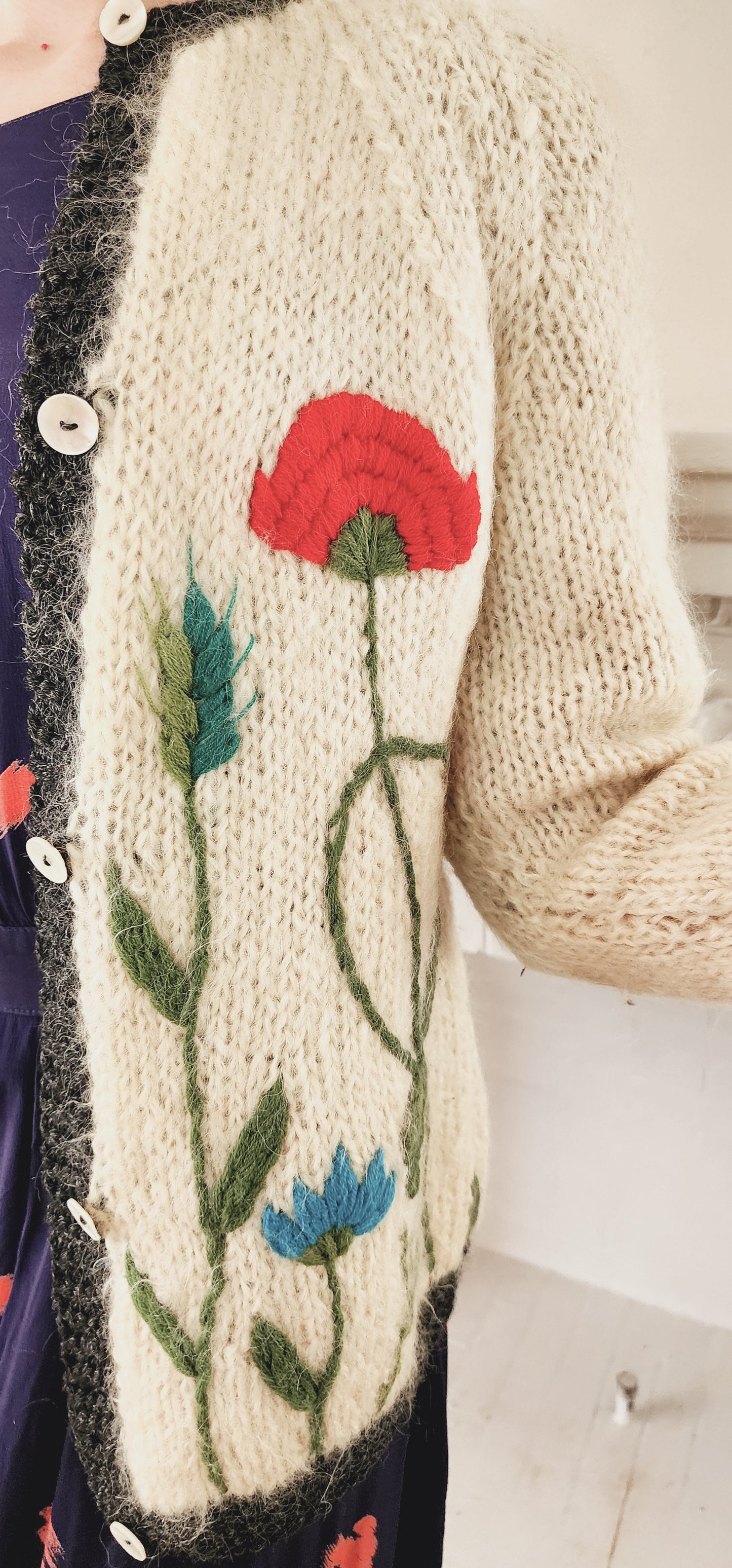 1960s Handknit Cardigan Cream Wool Blend Colorful Garden Flowers James Kenrob M