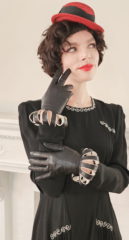 1940s Black Leather Gloves with Cut Outs for Balloon Wrist Jester Style