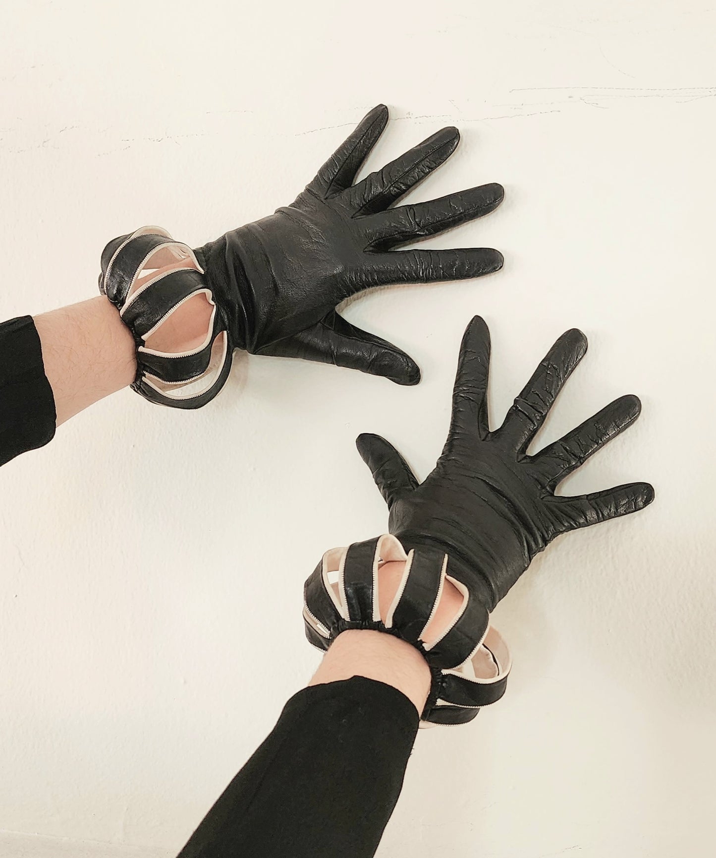 1940s Black Leather Gloves with Cut Outs for Balloon Wrist Jester Style