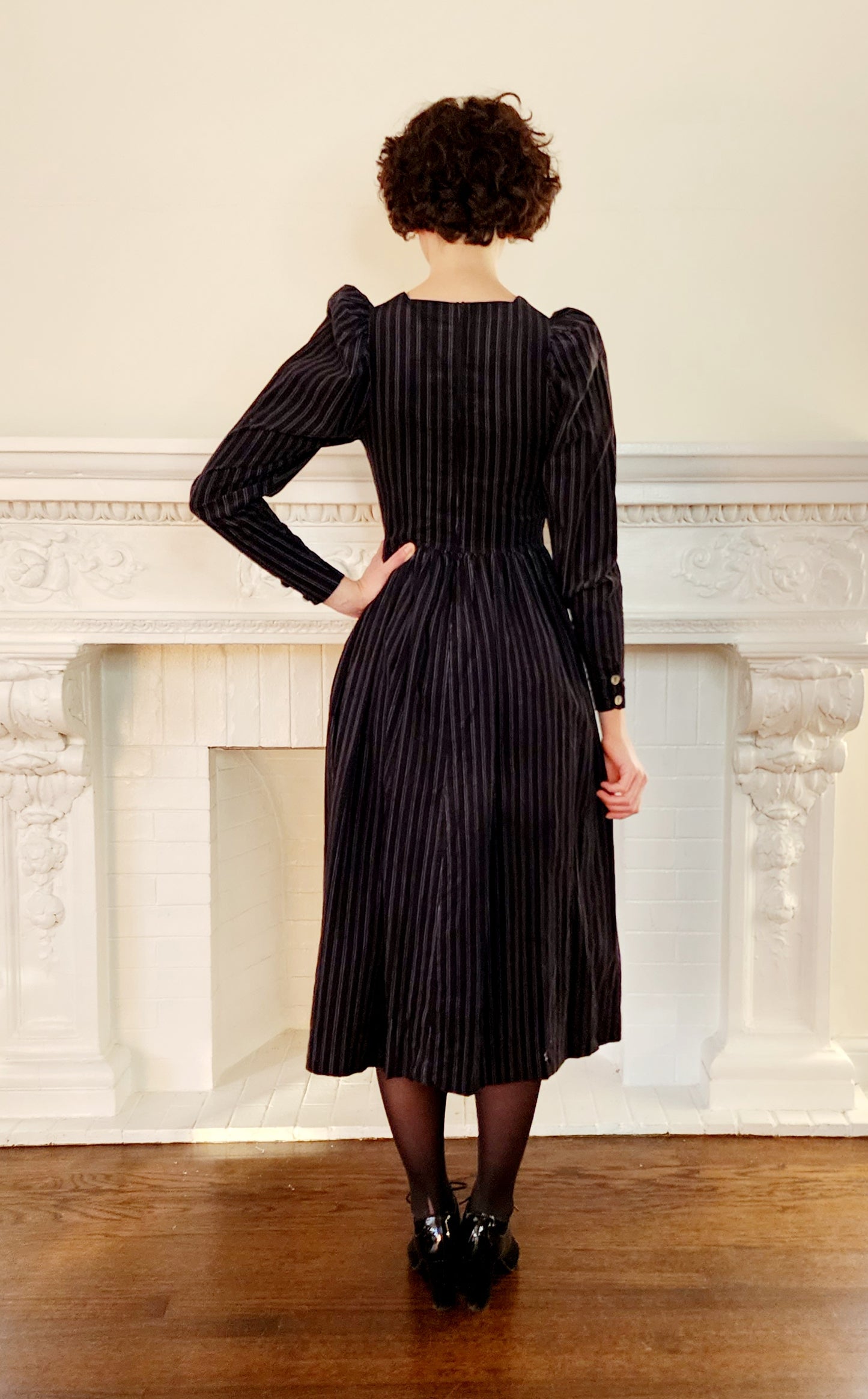 80s Laura Ashley Dress in Charcoal Gray Corduroy w/ Pinstripe Long Sleeves XS