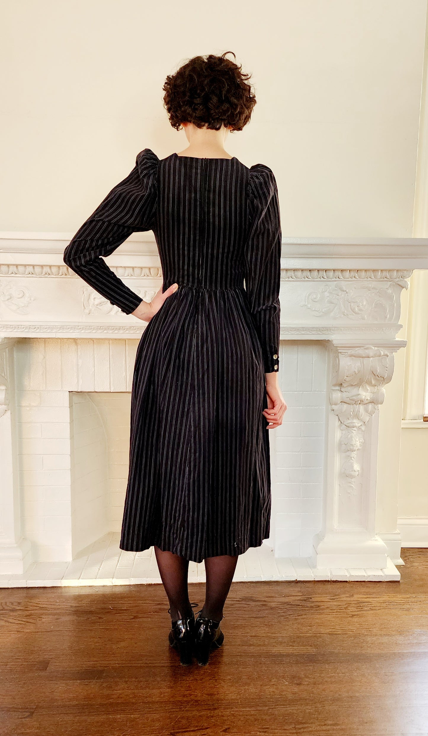 80s Laura Ashley Dress in Charcoal Gray Corduroy w/ Pinstripe Long Sleeves XS