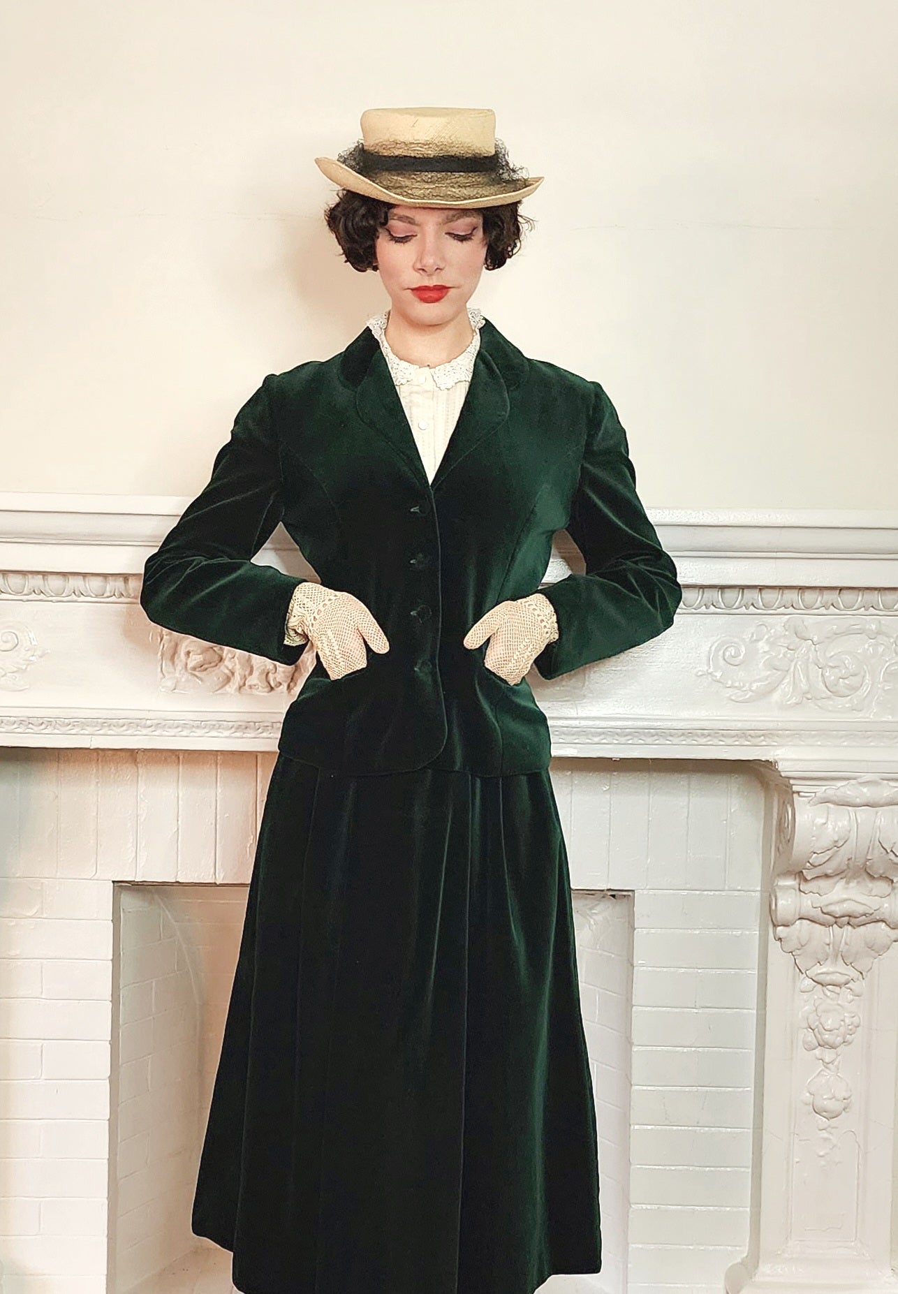 80s Laura Ashley Skirt Suit in Green Velvet, Midi Length Neo Edwardian Style / S