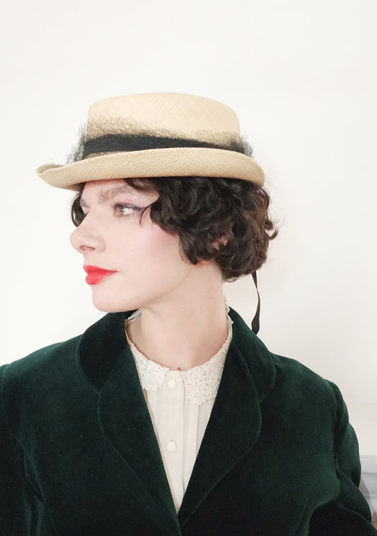 1940s Beige Straw Hat with Black Ribbon by Gage Brothers