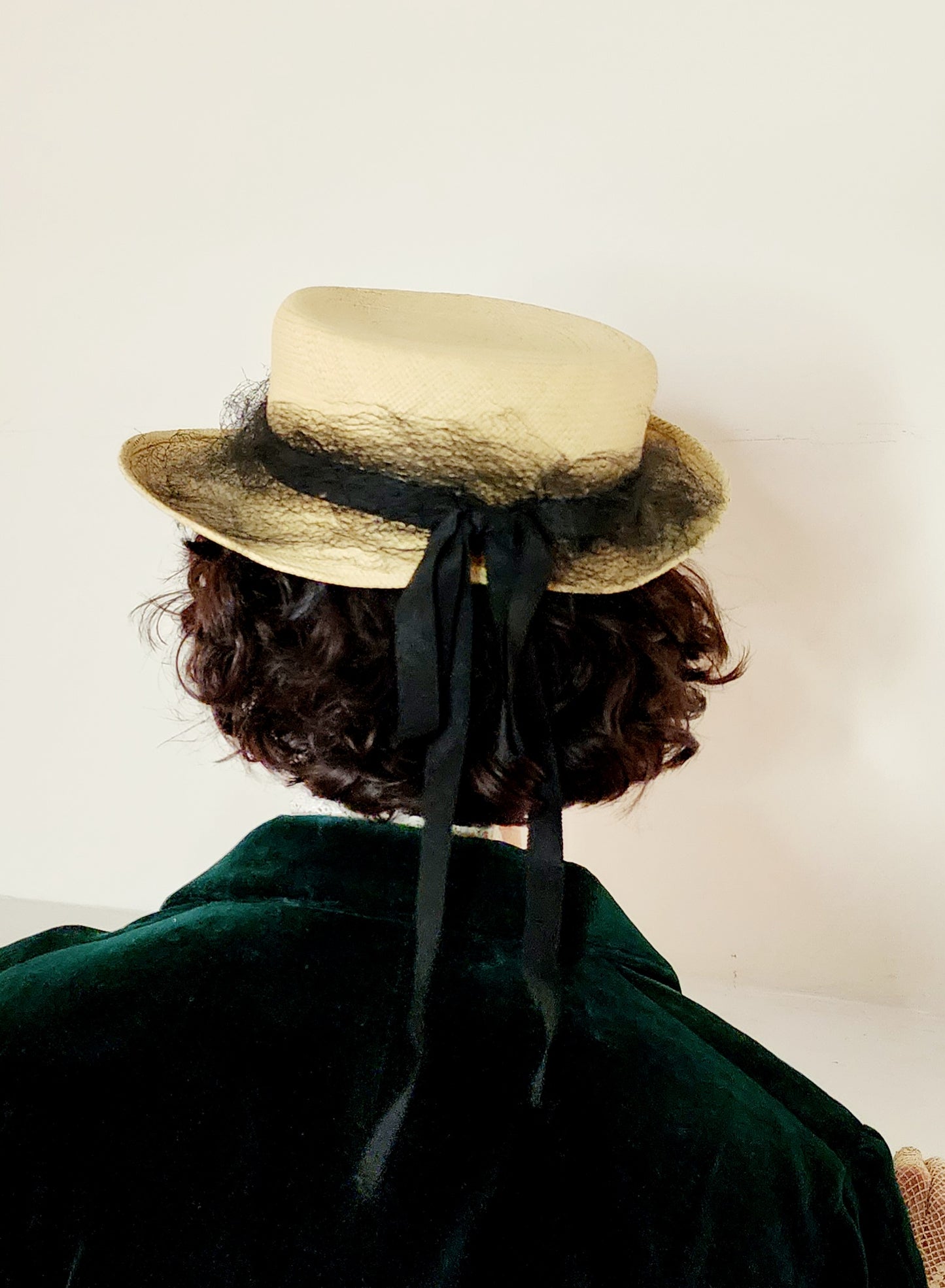 1940s Beige Straw Hat with Black Ribbon by Gage Brothers