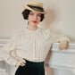 70s Cream Blouse w/Long Sleeves & Crochet Lace Collar Neo-Edwardian / M L