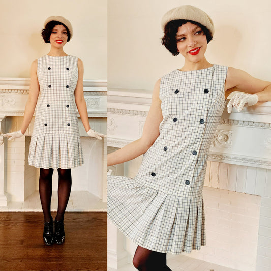 1960s Mod Dress Summer Style White Windowpane Plaid Stacy Ames / 60s Drop Waist Sleeveless Dress Pleated Skirt / M