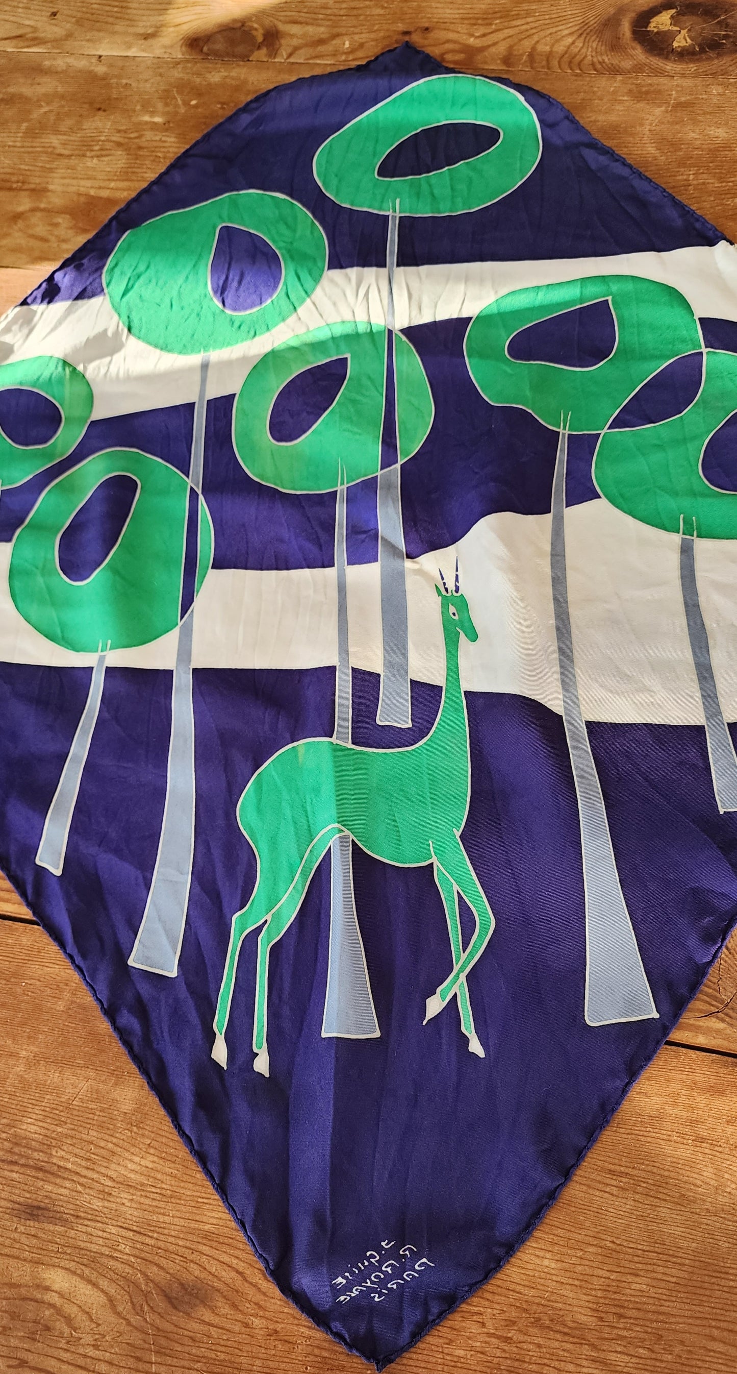 70s Scarf Modernist Print Gazelle in the Woods Green Navy Blue White J Guise Royale Paris