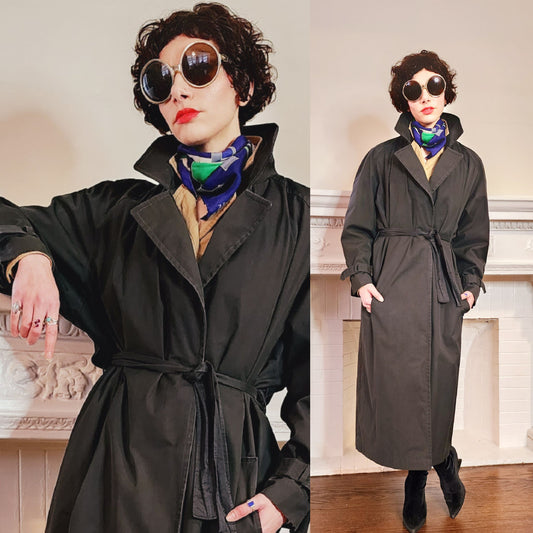 80s Black Trench Coat Anne Klein Rainwear with Belt / L