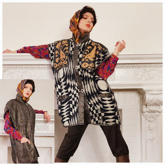 90s Artisinal Handmade Jacket Tunic Vest Reversible in Mixed Media & Leather by Nadya Bali