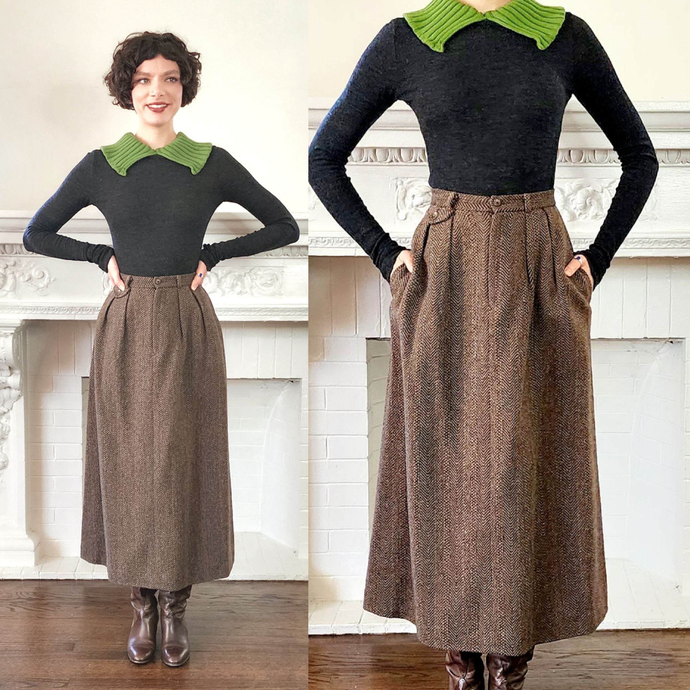 70s Ralph Lauren Wool Tweed Long Skirt in Brown, Small – RareJule