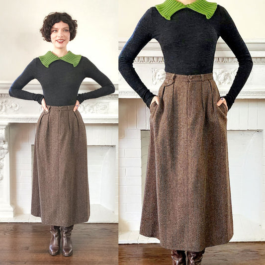70s Ralph Lauren Wool Tweed Long Skirt in Brown, Small