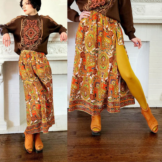 60s Wrap Style Maxi Skirt in Psychedelic Orange Paisley Print / M