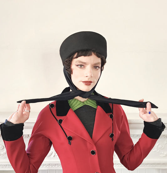 1980s Black Wool Hat with Scarf Sash Ties, Old Hollywood 40s Style