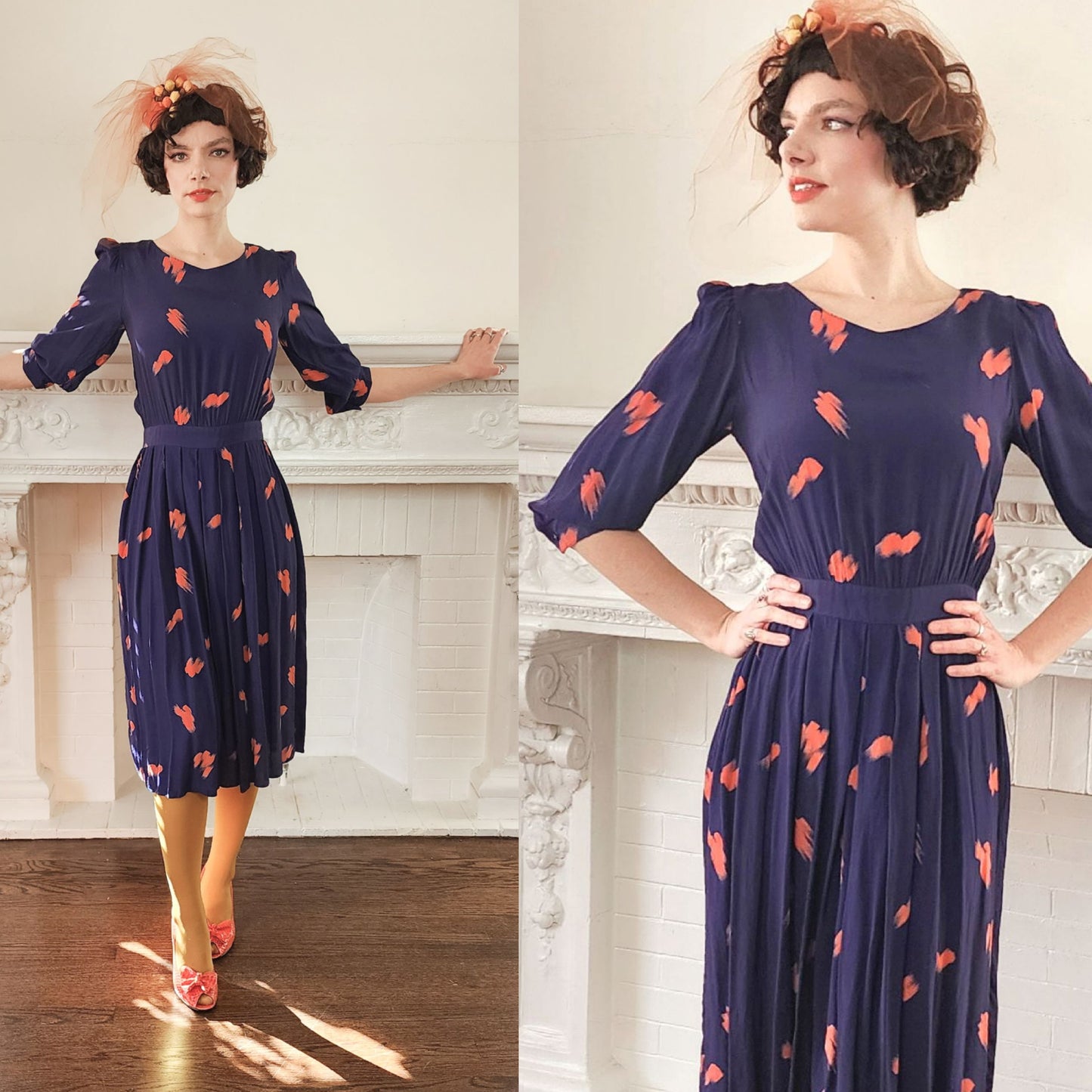 80s Does 40s Rayon Print Dress in Navy Blue and Coral Orange / S
