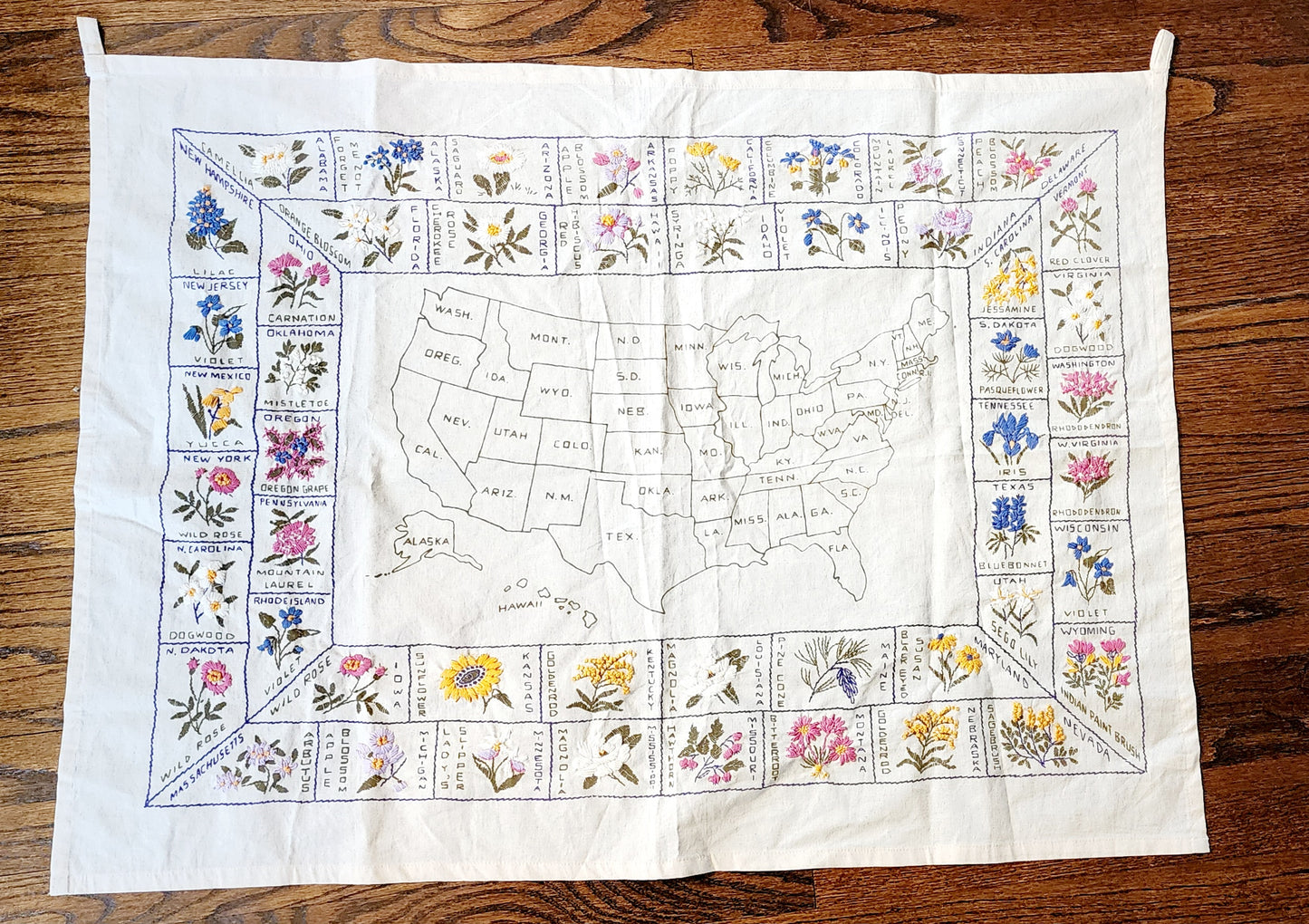 1970s United States Map Embroidered w/State Flowers, Sampler Vintage Textile