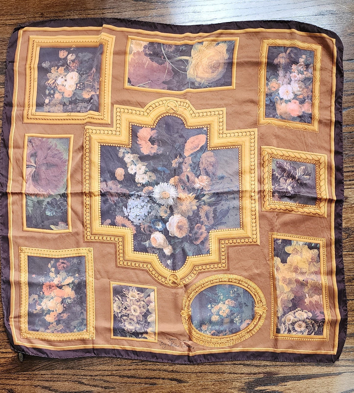80s Silkprint Scarf Brown Flemish Flowers Baroque Pattern Paloma Picasso
