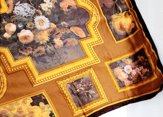 80s Silkprint Scarf Brown Flemish Flowers Baroque Pattern Paloma Picasso
