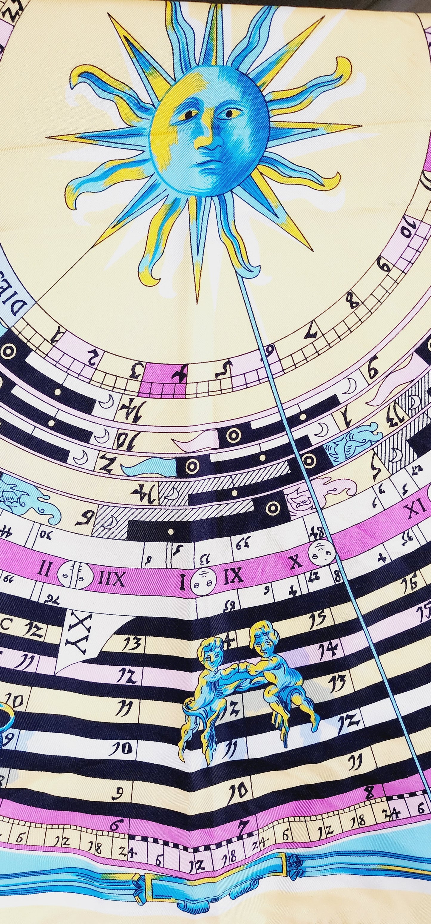90s Silkprint Scarf w/Horoscope Chart Zodiac Design Yellow Blue Pink