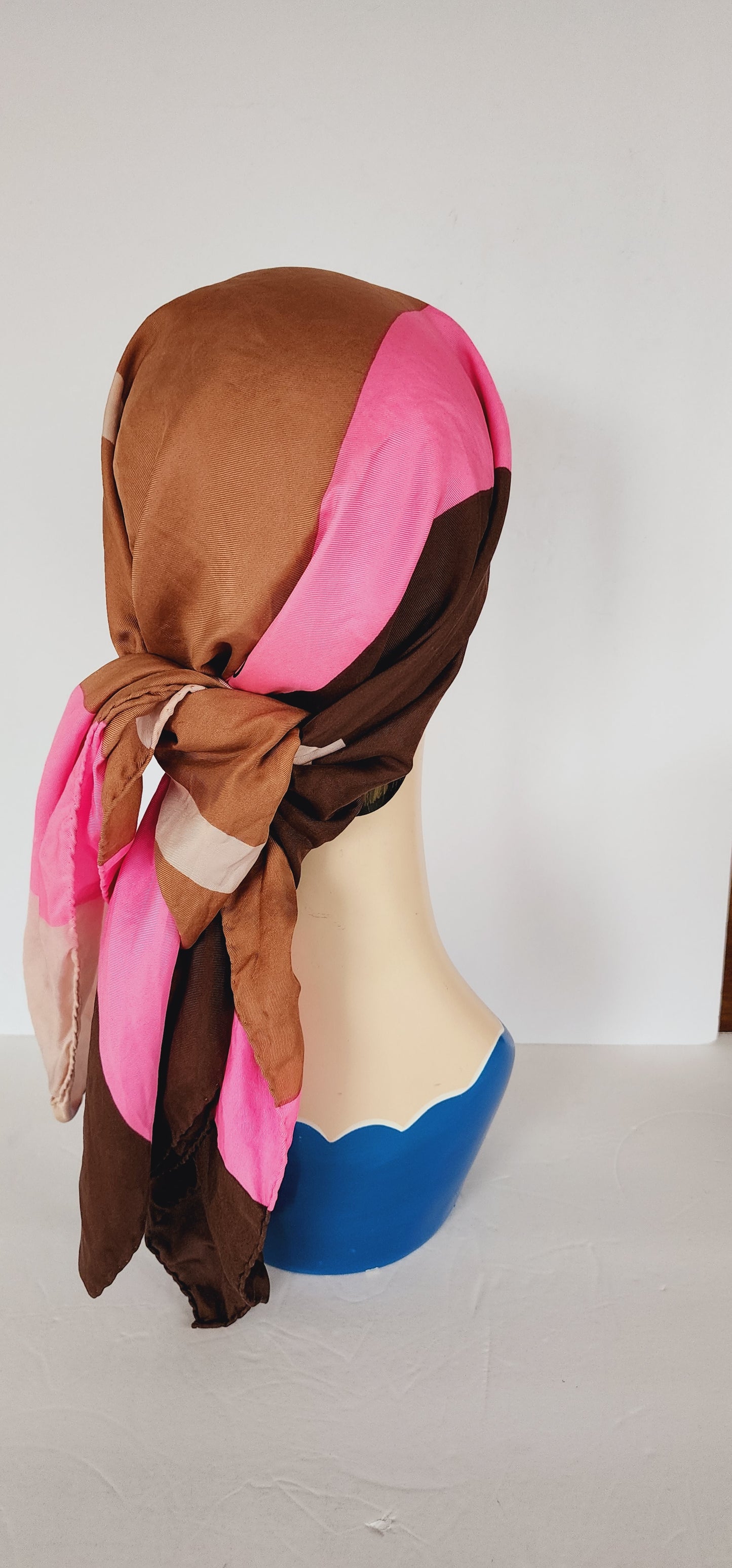 60s Adele Simpson Silk Scarf in Geometric Print in Pink & Brown