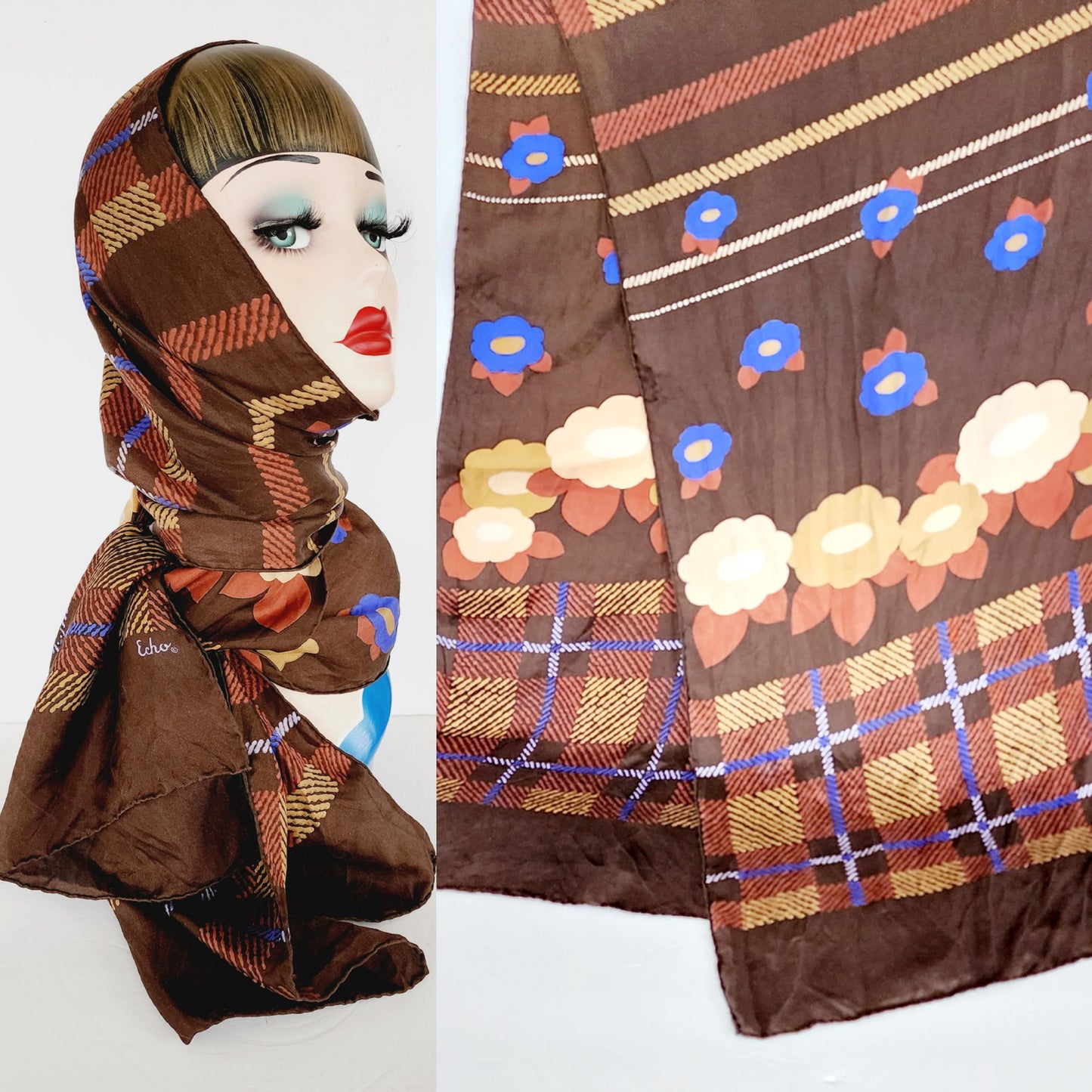 70s Echo Scarf in Silk Print Brown with Blue Flowers and Stripes, Rectangular