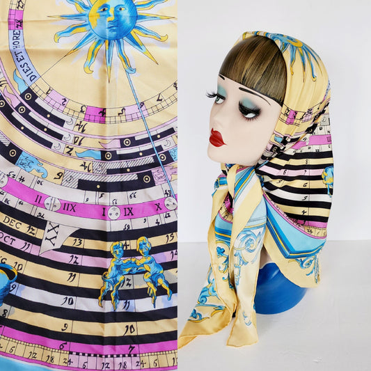 90s Silkprint Scarf w/Horoscope Chart Zodiac Design Yellow Blue Pink