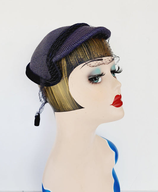 50s Navy Blue Straw Hat in the Close Style w/Velvet and Veil by Marshall Field