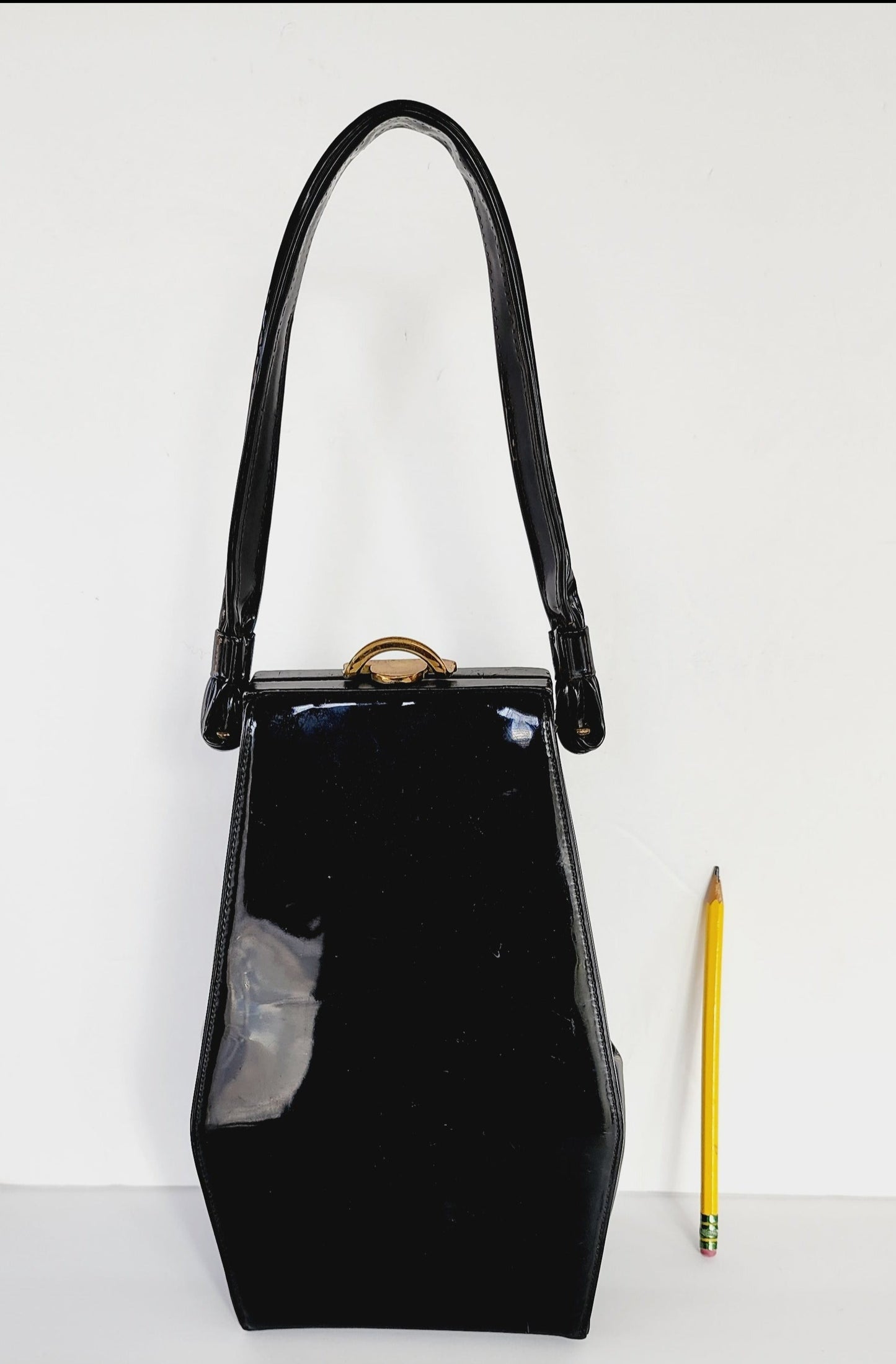 50s Black Patent Leather Bag with Top Handle / Oblong Geometric MCM Modernist Style by Lewis