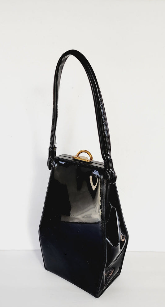 50s Black Patent Leather Bag with Top Handle / Oblong Geometric MCM Modernist Style by Lewis